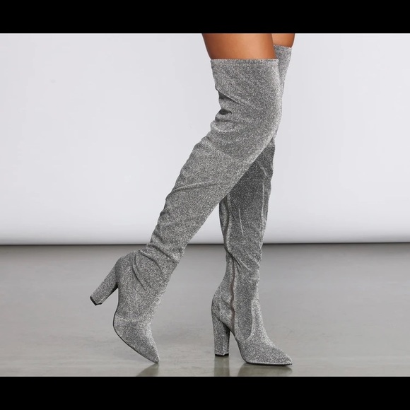 heavenlyscloset Shoes Shimmery Silver Glitter Thigh High Boots